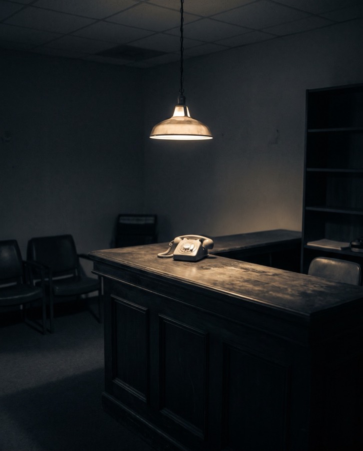 A dark, empty reception area lit only by a single pendant lamp hanging over a wooden counter, with a rotary telephone on the counter and vacant waiting chairs in the shadows